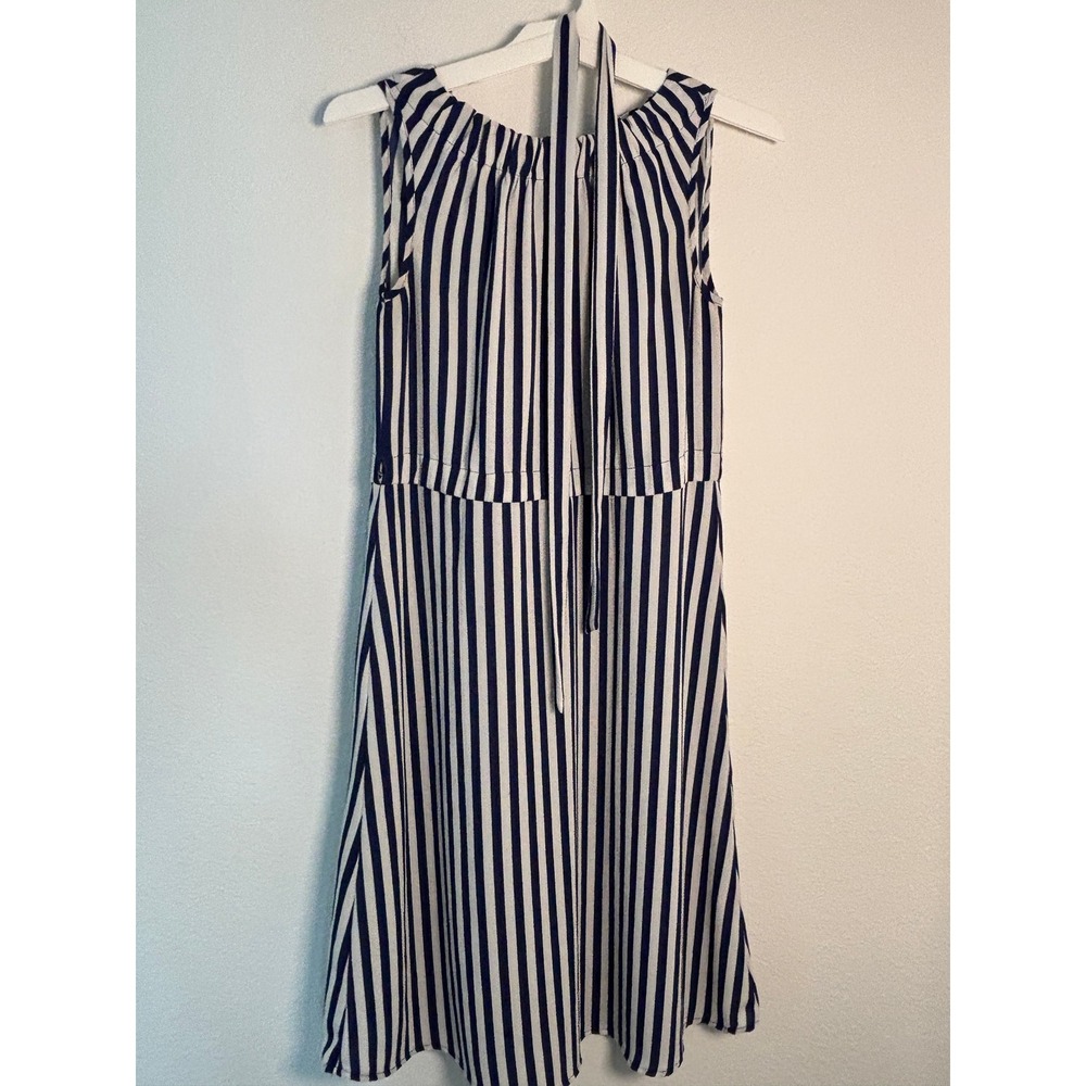 Navy Blue White Striped Sleeveless Halter Midi Dress‎ with Belt Nautical Style